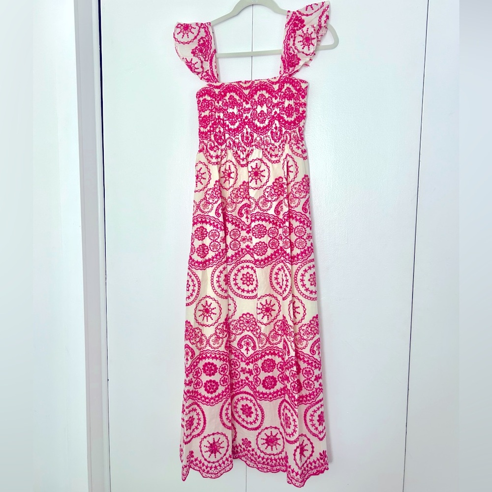 NWOT Sunday Up pink embroidered midi dress eyelet ruffle feminine cream smocked - Picture 2 of 6